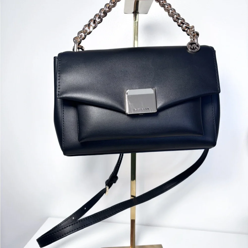Michael Kors Lita Medium Black Leather Gold Chain Crossbody Bag Purse NWOT